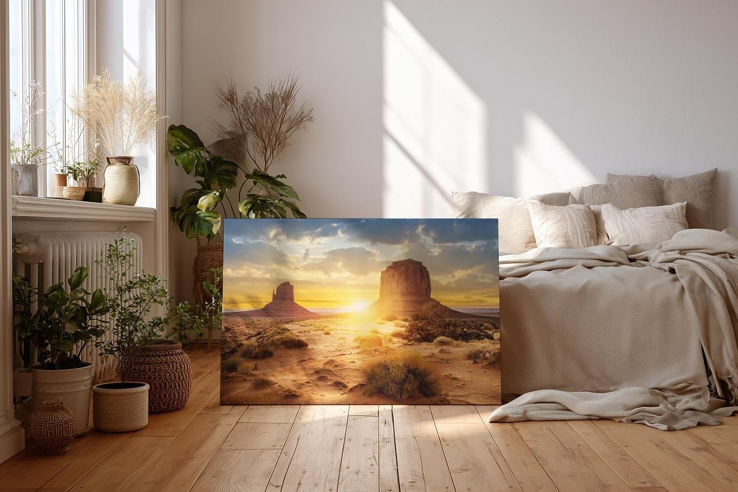 Sinus Art Wandbild 120x80cm Dramatischer Sonnenuntergang mit Wüstenformationen und weitem Himmel