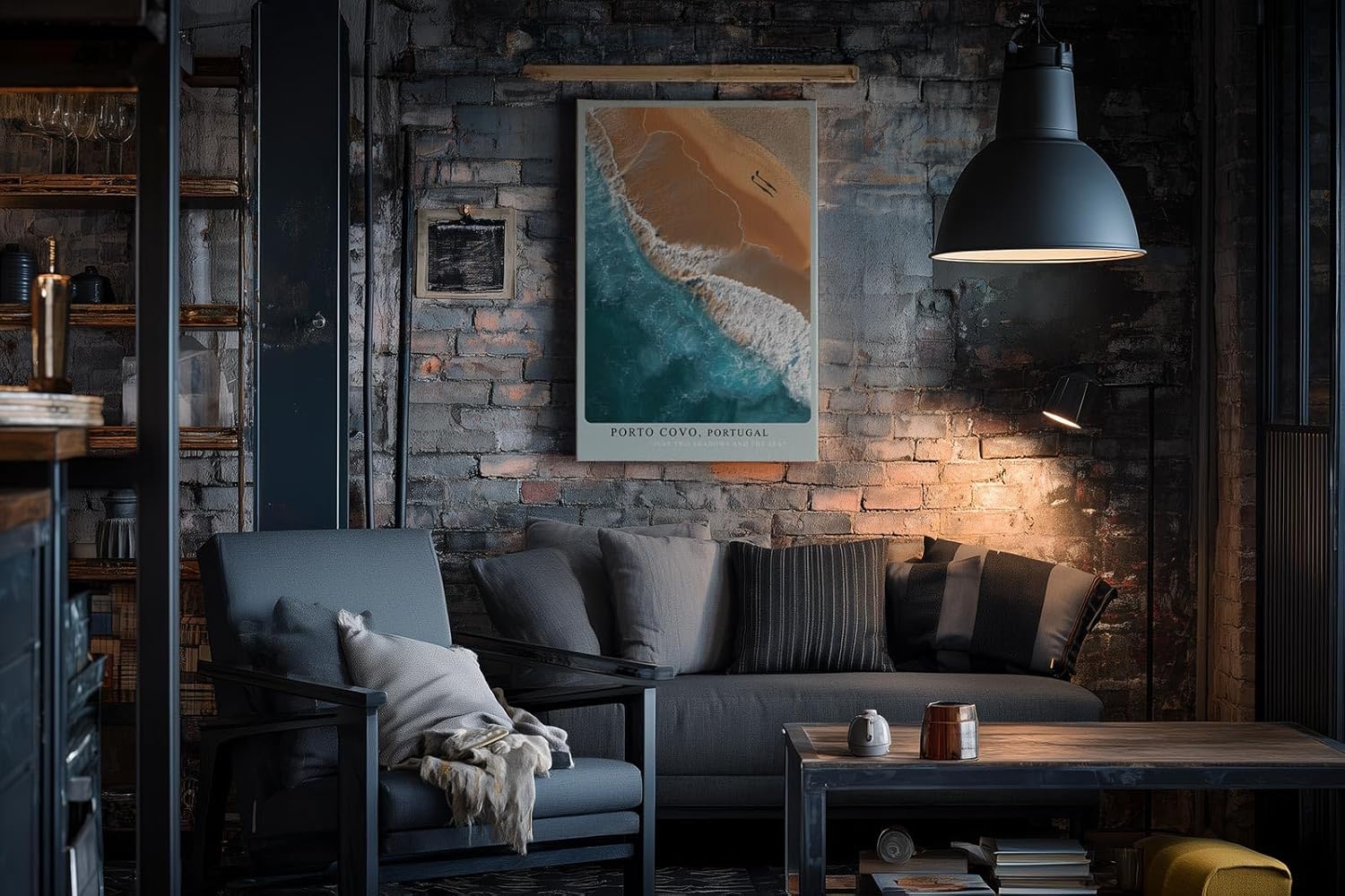 Paul Sinus Wandbild in 40x60cm Porto Covo Portugal – Luftaufnahme von Strand und Meer mit zwei Silhouetten im Sand