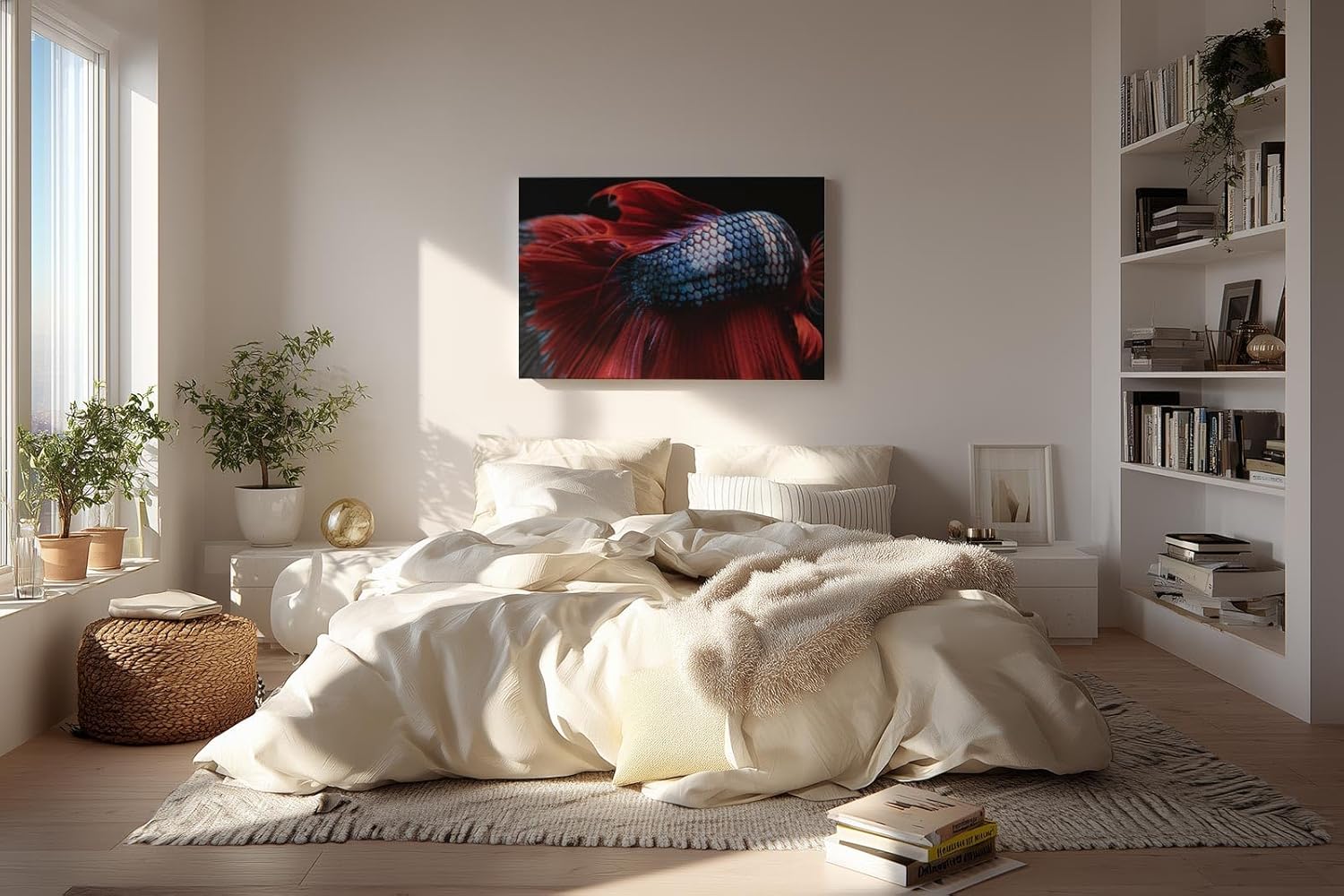 Sinus Art Wandbild 120x80cm Makroaufnahme eines Kampffischs mit leuchtend roter Flosse und glänzenden Schuppen