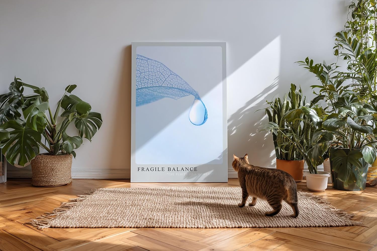 Paul Sinus Kunstdruck 40x60cm Fragile Balance – transparente Struktur mit Wassertropfen auf zartem Blatt in Hellblau