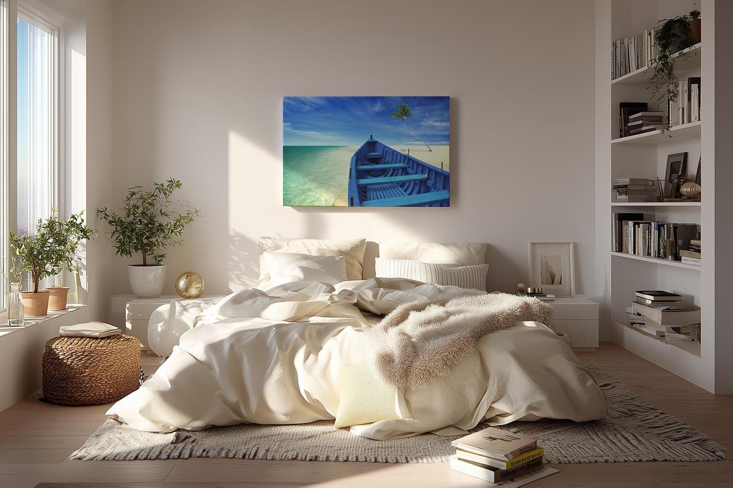 Sinus Art Wandbild 120x80cm Das Boot in der Bildmitte lenkt den Blick hinaus aufs offene Meer und vermittelt Fernweh