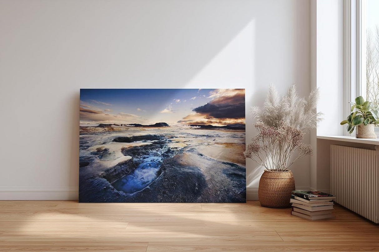Sinus Art Wandbild 120x80cm Faszinierende isländische Lavalandschaft mit Geysiren, Felsen und dramatischem Himmel