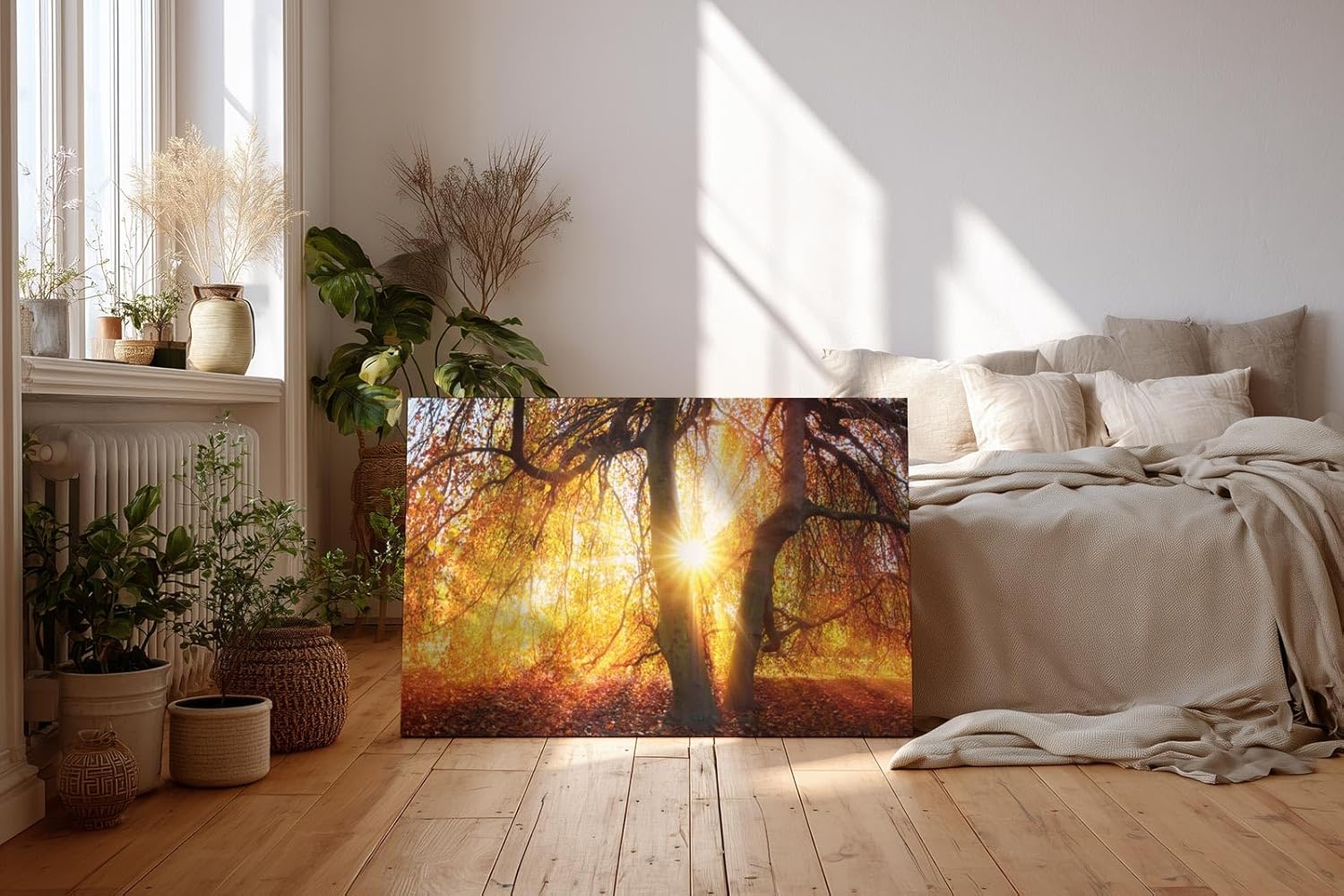 Sinus Art Wandbild 120x80cm Sonnenstrahlen brechen durch goldene Baumkronen und schaffen eine warme Atmosphäre