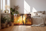 Sinus Art Wandbild 120x80cm Sonnenstrahlen brechen durch goldene Baumkronen und schaffen eine warme Atmosphäre
