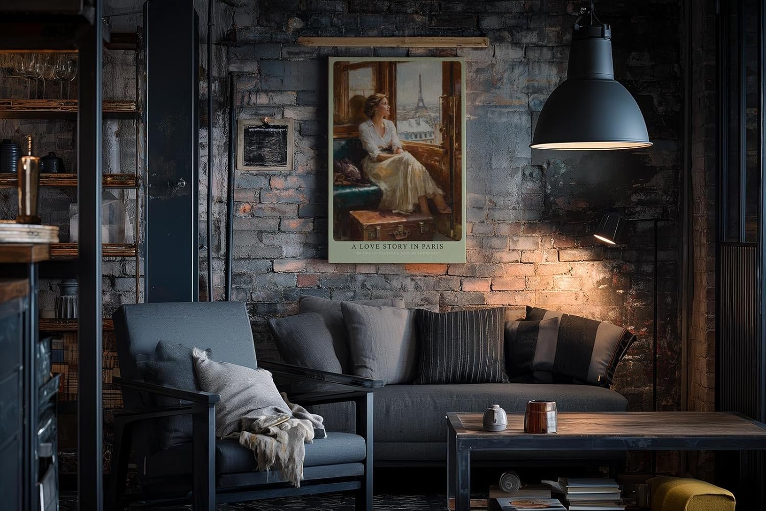 Paul Sinus Wandbild in 40x60cm A Love Story in Paris – Romantische Bahnszene mit Blick auf den Eiffelturm, elegante Frau am Zugfenster, nostalgische Stadtkunst