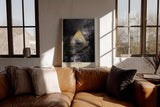 Paul Sinus Wandbild in 40x60cm The Cosmic Code – Faszinierende Weltraumkomposition mit goldenem geometrischem Dreieck und mystischen Nebelstrukturen