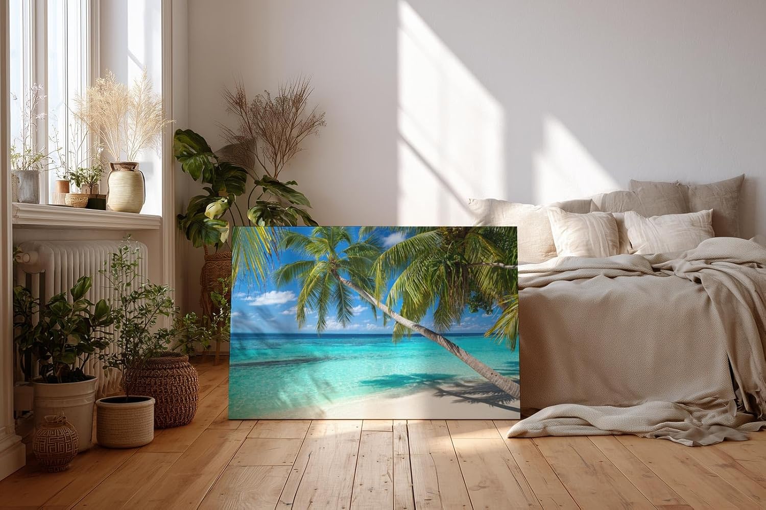 Sinus Art Wandbild 120x80cm Tropischer Strand mit weißen Sand und schattenspendenden Palmen als Urlaubsidyll