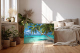 Sinus Art Wandbild 120x80cm Tropischer Strand mit weißen Sand und schattenspendenden Palmen als Urlaubsidyll