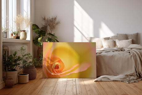 Sinus Art Wandbild 120x80cm Makroperspektive einer gelben Rose – Symbol für Freude, Wärme und Sanftheit