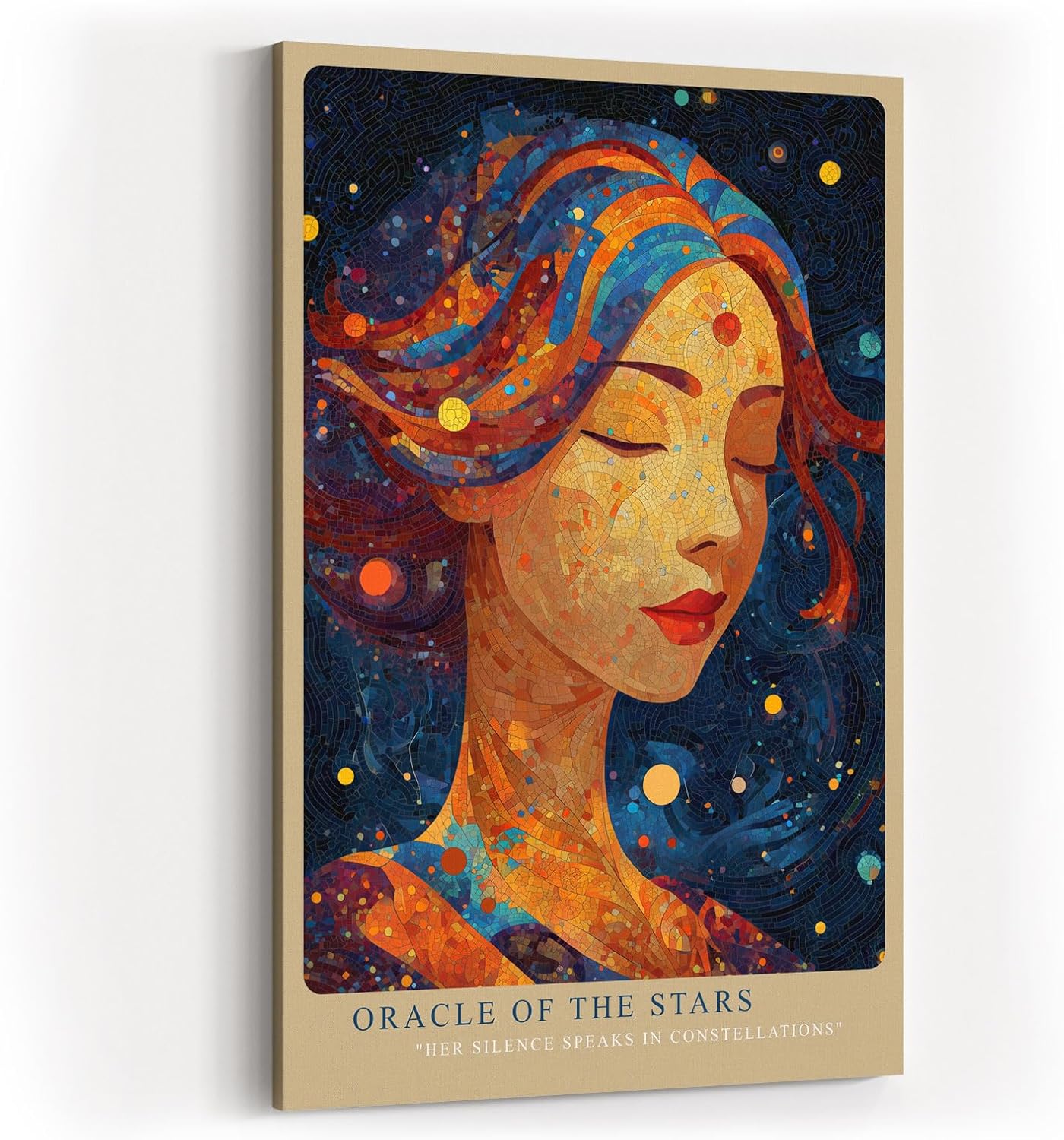 Paul Sinus Wandbild in 40x60cm Oracle of the Stars Abstraktes Frauenporträt mit Sternenmotiven und leuchtenden Farbdetails für inspirierende Raumgestaltung