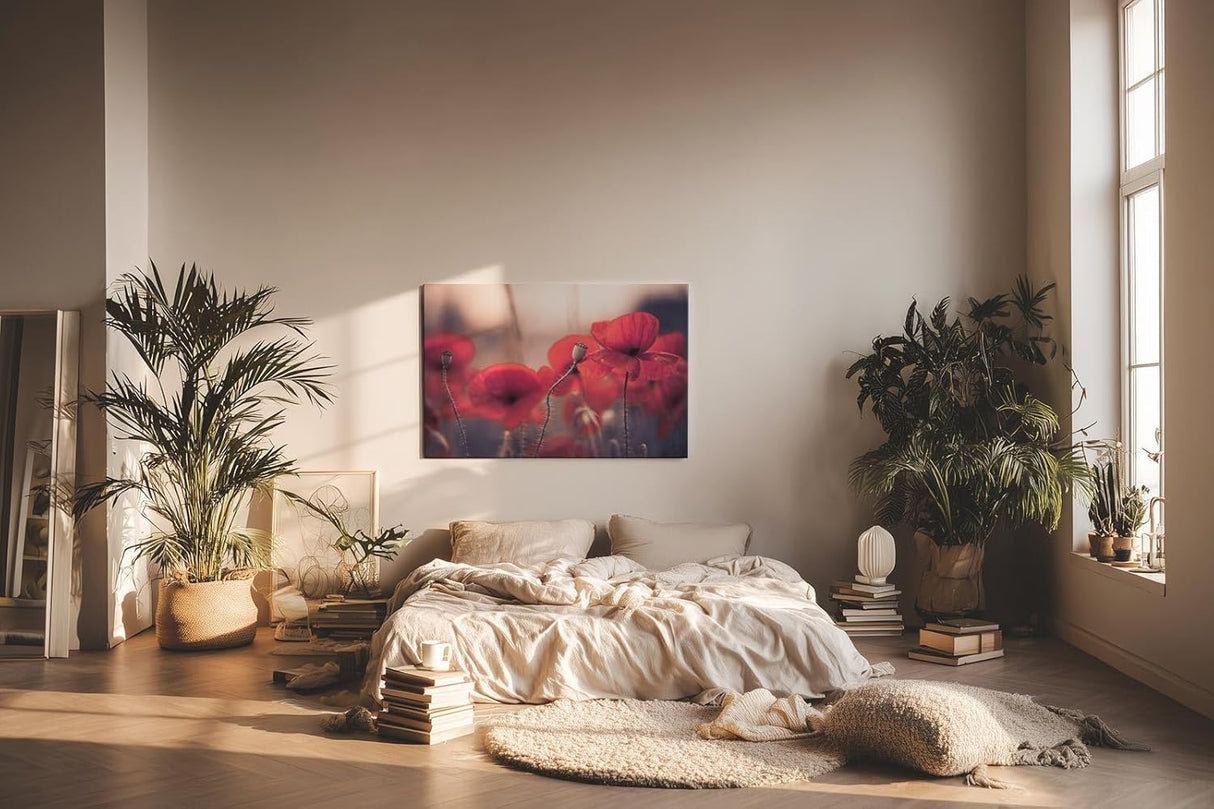 Sinus Art Wandbild 120x80cm Ruhige Szene mit roten Mohnblumen in weicher Unschärfe und natürlichem Licht