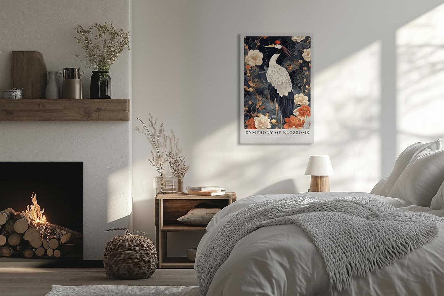 Paul Sinus Leinwandbild 80x120cm Leinwandbild Blütensymphonie – Eleganter Kranich umgeben von floralen Elementen, asiatische Kunst, luxuriöse Ästhetik