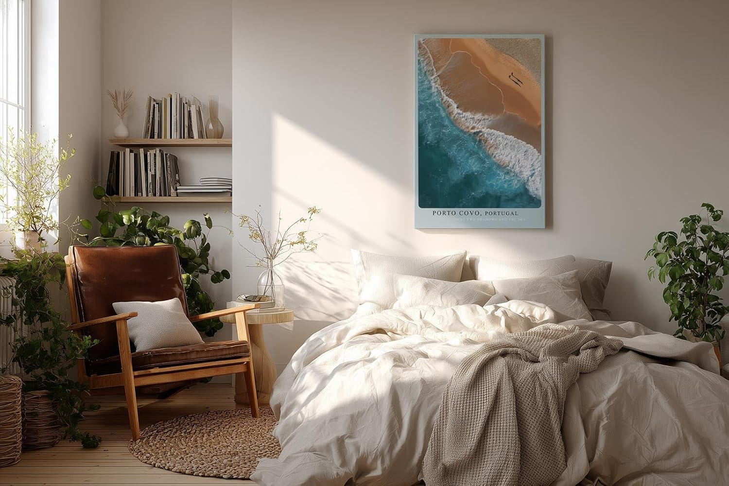 Paul Sinus Wandbild in 40x60cm Porto Covo Portugal – Luftaufnahme von Strand und Meer mit zwei Silhouetten im Sand