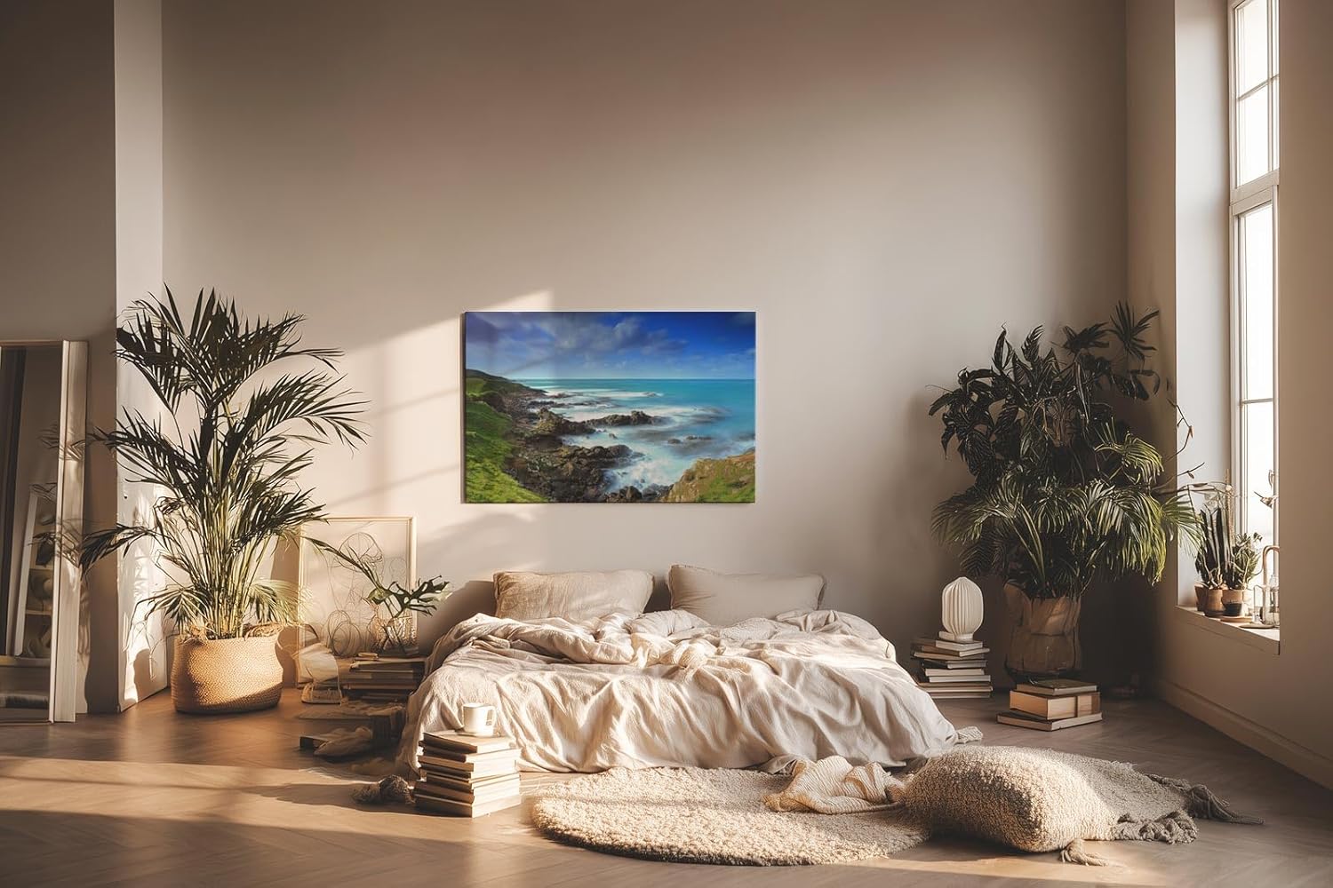 Sinus Art Wandbild 120x80cm Felsige Küste trifft auf türkisfarbenes Meer unter dramatischem Himmel