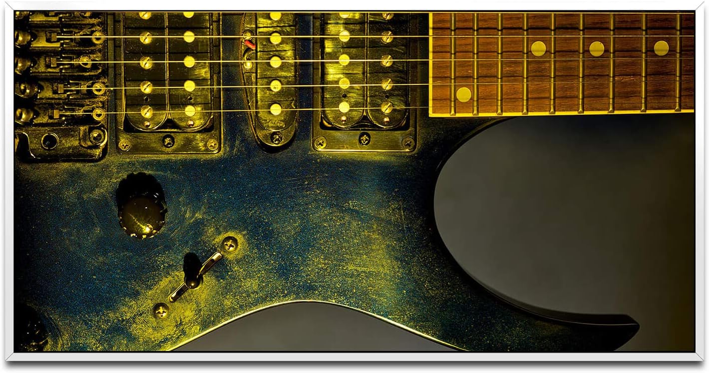Gitarre in schwarz ca. 130x70cm Wandbild inklusive Schattenfugenrahmen weiss - Panorama Leinwand Bild XXL Format Wandbilder Wohnzimmer Wohnung Deko Kunstdrucke