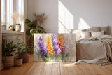Sinus Art Wandbild 120x80cm Vielfarbige Blütengruppen in Lila Orange Weiß und Gelb – lebendig und künstlerisch interpretiert