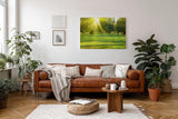 Sinus Art Wandbild 120x80cm Lichtdurchfluteter Wald mit kräftigem Grün und sanftem Schattenwurf