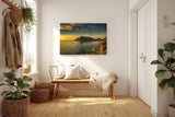 Sinus Art Wandbild 120x80cm Dramatisches Küstenpanorama bei Sonnenuntergang – ruhig, weit und eindrucksvoll