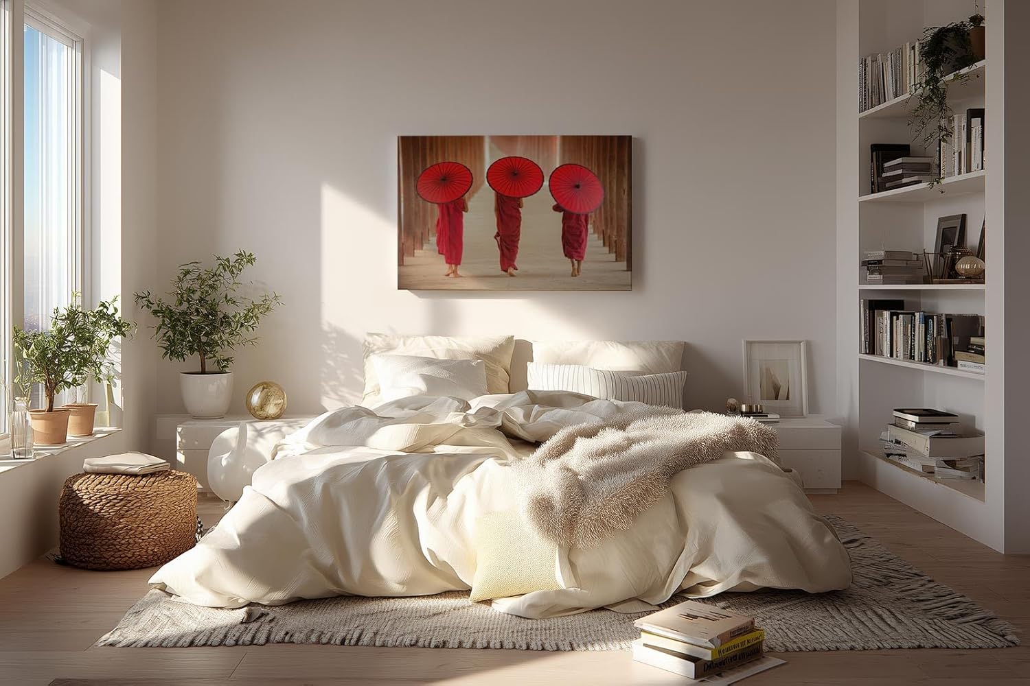 Sinus Art Wandbild 120x80cm Drei Mönche mit traditionellen Schirmen in rhythmischer Komposition