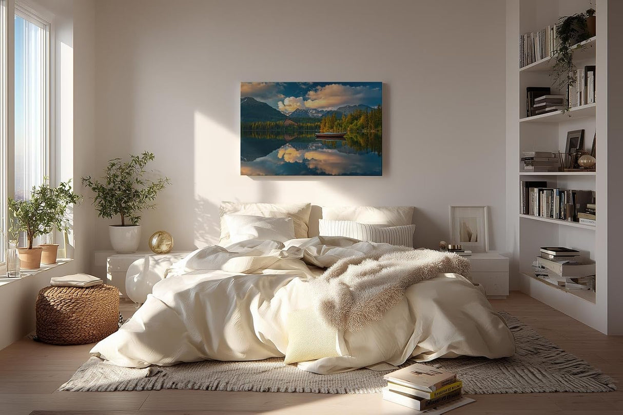 Sinus Art Wandbild 120x80cm Berglandschaft mit Boot auf ruhigem See, umrahmt von Wald und Wolken