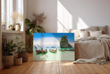 Sinus Art Wandbild 120x80cm Farbintensive Szene mit traditionellen Booten vor tropischer Felskulisse