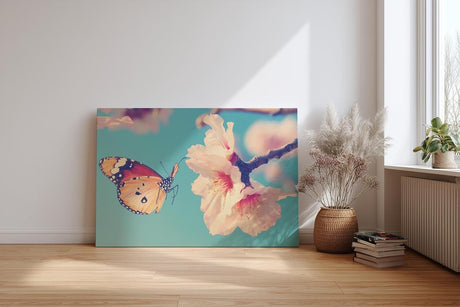 Sinus Art Wandbild 120x80cm Frühlingshaftes Motiv mit Schmetterling an rosa Blüte auf hellblauem Hintergrund