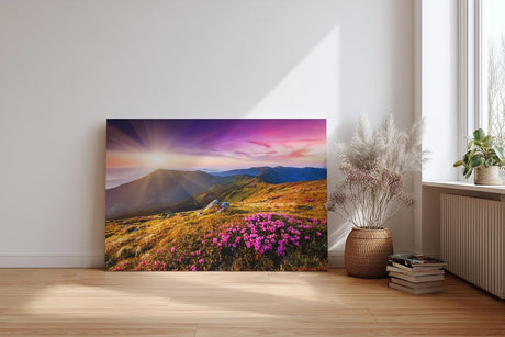Sinus Art Wandbild 120x80cm Stimmungsvolles Landschaftsmotiv mit leuchtendem Himmel und blühender Wiese