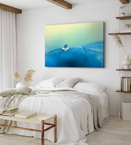 Paul Sinus Wandbild 120x80cm Wassertropfen auf Feder Blau Makrofotografie Türkis