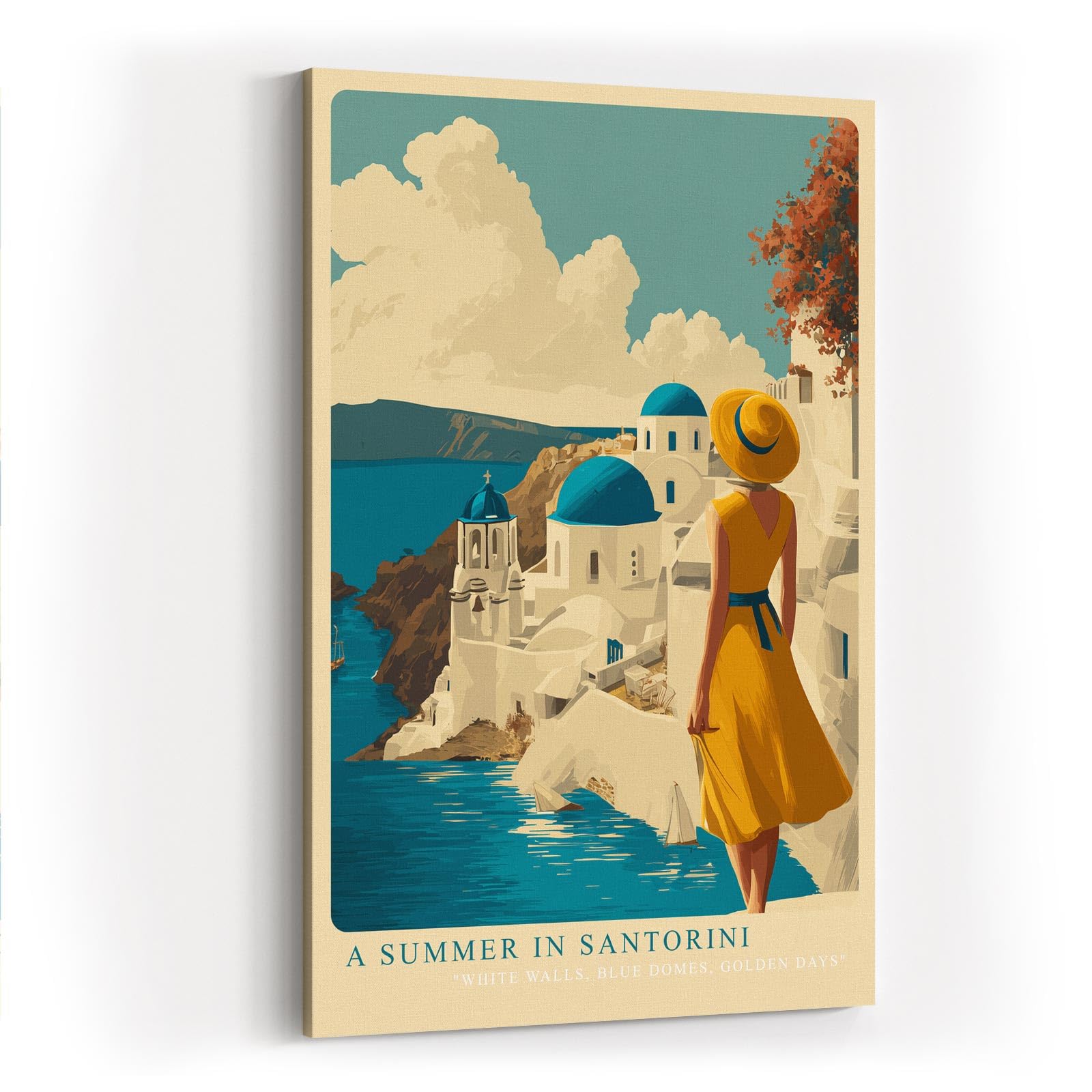 Paul Sinus Wandbild in 40x60cm A Summer in Santorini – Frau im gelben Kleid vor weiß-blauen Kuppeln und Meerblick, mediterranes Urlaubsflair