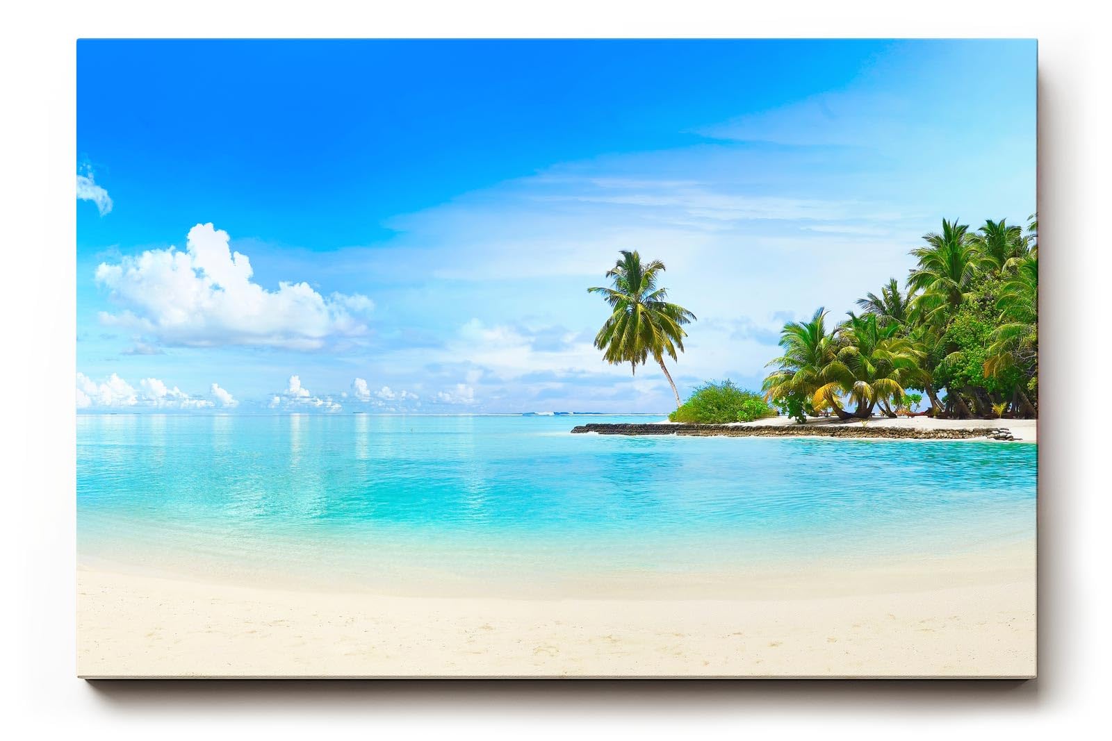 Sinus Art Wandbild 120x80cm Tropische Insel mit Palmen und weißem Sandstrand für entspannende Raumwirkung