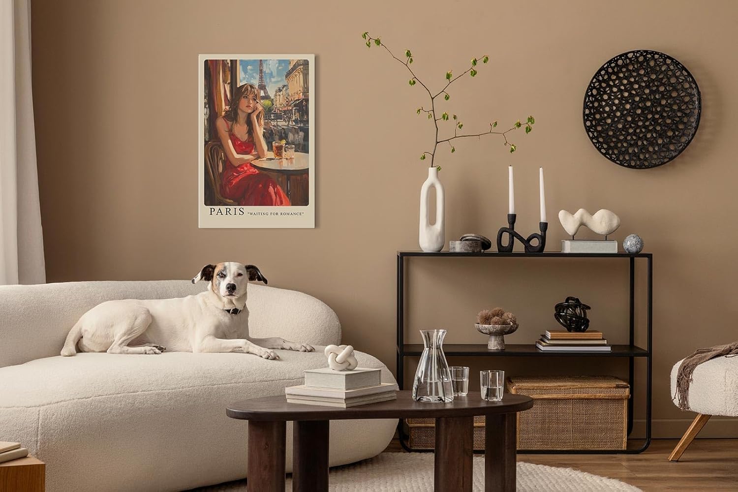 Paul Sinus Leinwandbild 60x90cm Leinwandbild Romantische Pariser Café-Szene – Frau im roten Kleid, impressionistische Stadtansicht, französischer Charme
