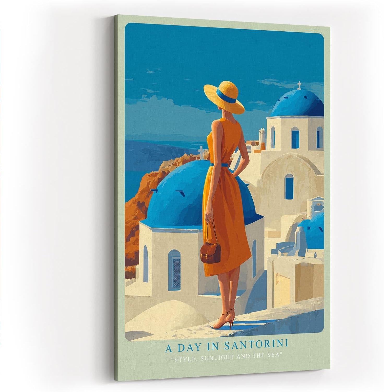 Paul Sinus Wandbild in 40x60cm A Day in Santorini – Frau in orangefarbenem Kleid mit Strohhut vor blau-weißen Kuppeln, sonnige Mittelmeerstimmung