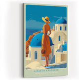 Paul Sinus Wandbild in 40x60cm A Day in Santorini – Frau in orangefarbenem Kleid mit Strohhut vor blau-weißen Kuppeln, sonnige Mittelmeerstimmung