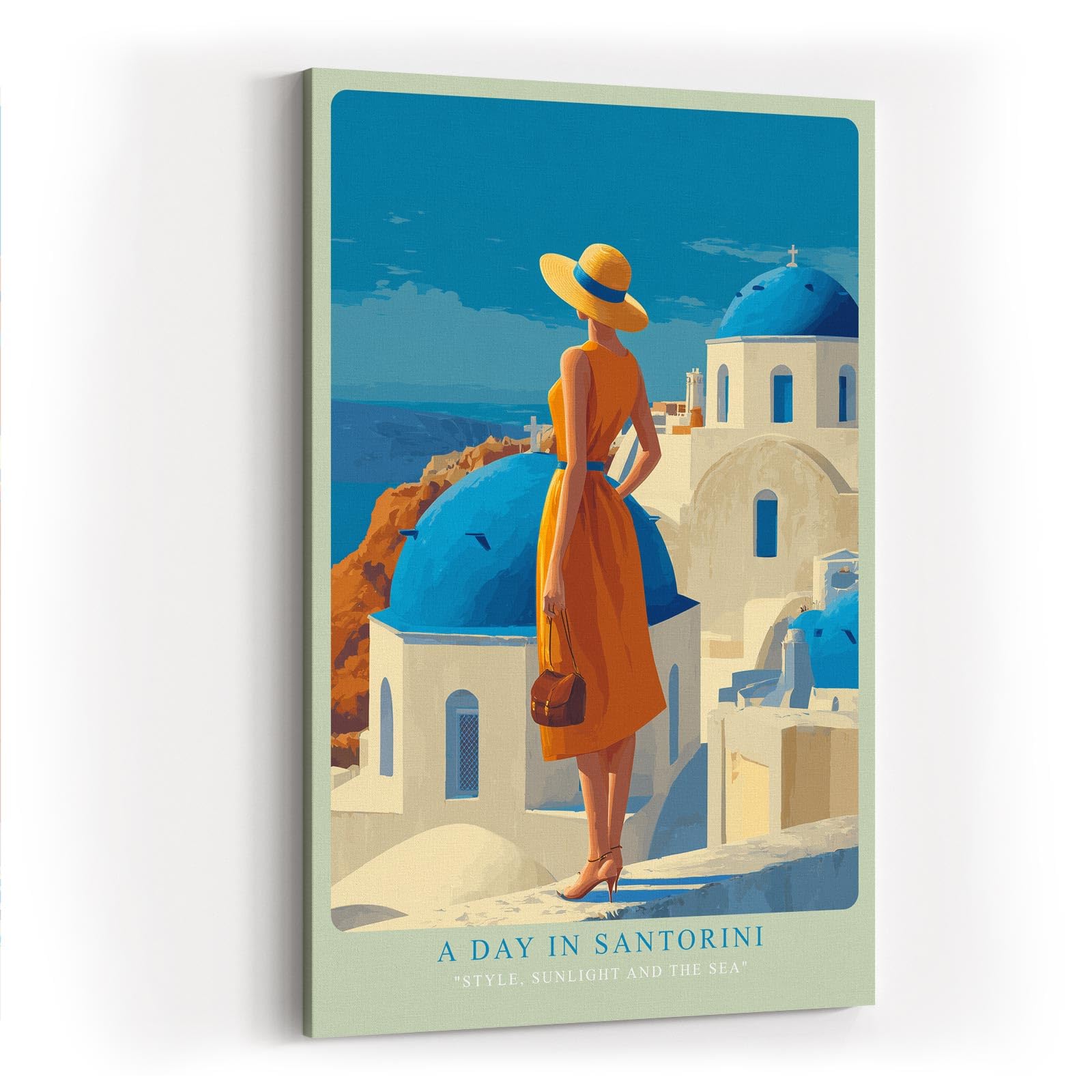 Paul Sinus Wandbild in 40x60cm A Day in Santorini – Frau in orangefarbenem Kleid mit Strohhut vor blau-weißen Kuppeln, sonnige Mittelmeerstimmung