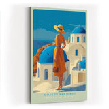Paul Sinus Wandbild in 40x60cm A Day in Santorini – Frau in orangefarbenem Kleid mit Strohhut vor blau-weißen Kuppeln, sonnige Mittelmeerstimmung