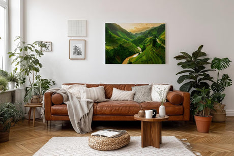 Sinus Art Wandbild 120x80cm Reisterrassen und Flusstal im weichen Licht der Morgensonne mit weiter Perspektive