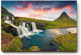 Sinus Art Wandbild 120x80cm Spektakuläres Zusammenspiel von Wasserfall, Berg und Himmel in Island