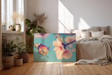 Sinus Art Wandbild 120x80cm Frühlingshaftes Motiv mit Schmetterling an rosa Blüte auf hellblauem Hintergrund