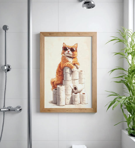 Paul Sinus Poster/Leinwandbild/Rahmenoption – Coole Katze auf dem Klopapier-Thron – Lustige WC-Deko für dein Badezimmer