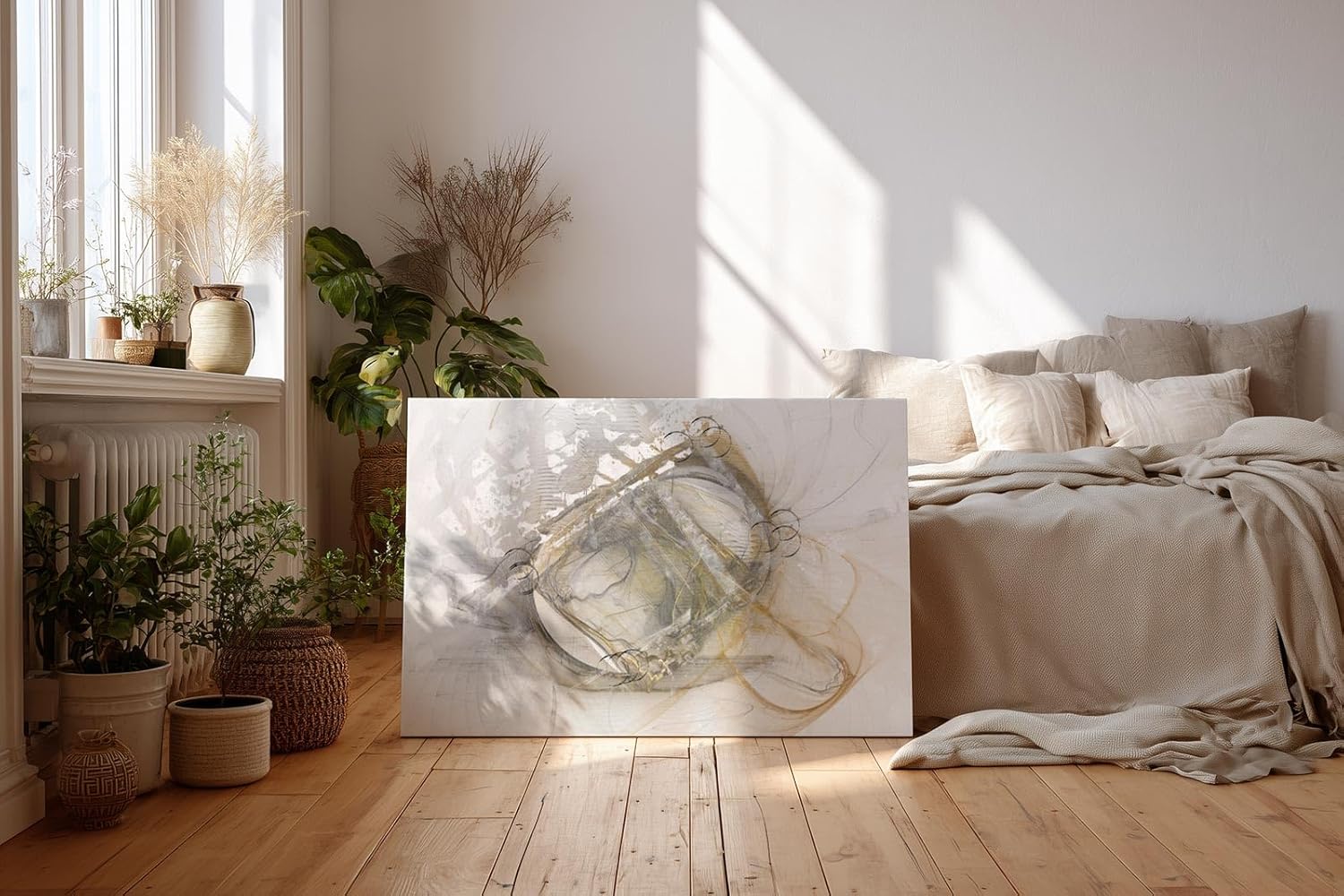 Sinus Art Wandbild 120x80cm Komplexe abstrakte Linienführung in hellem Beige, Grau und dezentem Goldton