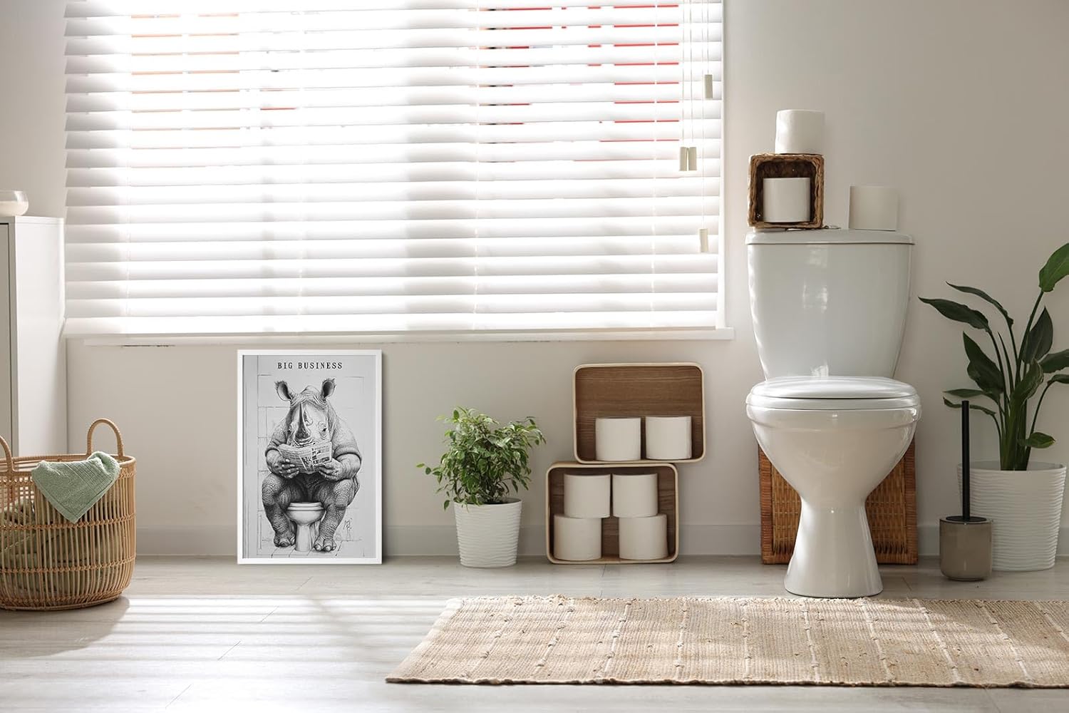 Paul Sinus Poster/Leinwandbild/Rahmenoption – Nashorn auf Toilette „Big Business“ – Lustige WC-Deko für dein Badezimmer