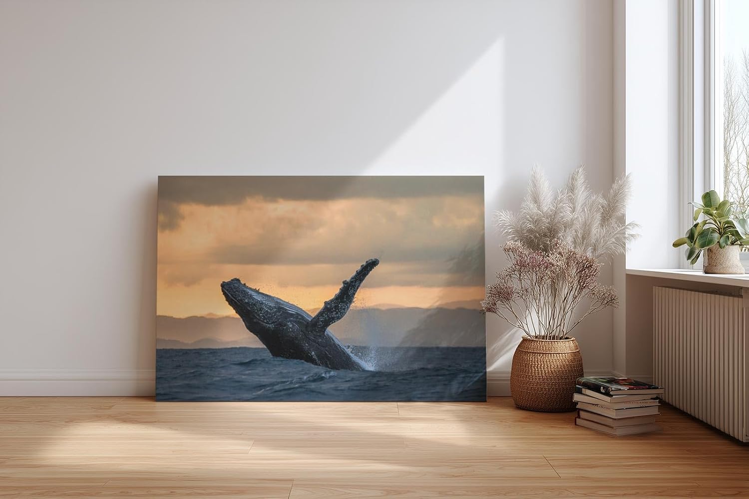 Sinus Art Wandbild 120x80cm Der Wal im Sprung vor dem Sonnenuntergang strahlt Kraft und Freiheit aus