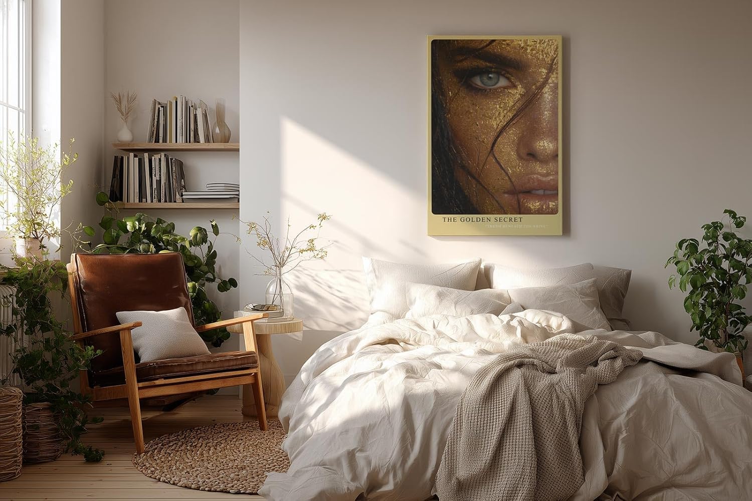 Paul Sinus Wandbild in 40x60cm The Golden Secret – Intensives Porträt mit goldener Blattoptik und blauem Auge in Nahaufnahme