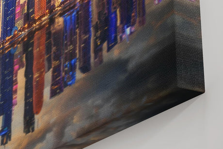 Sinus Art Wandbild 120x80cm Moderne Skyline spiegelt sich im Wasser bei untergehender Sonne – urbanes Highlight