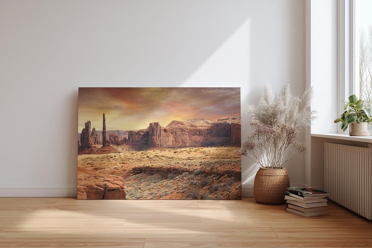 Sinus Art Wandbild 120x80cm Faszinierende Gesteinsformationen unter goldenem Himmel in Western-Atmosphäre