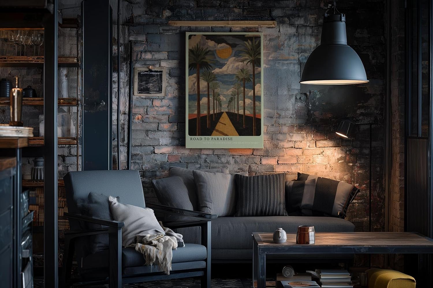 Paul Sinus Wandbild in 40x60cm Road to Paradise mit goldener Straße, Palmenallee und dramatischem Himmel für eindrucksvolle Raumgestaltung