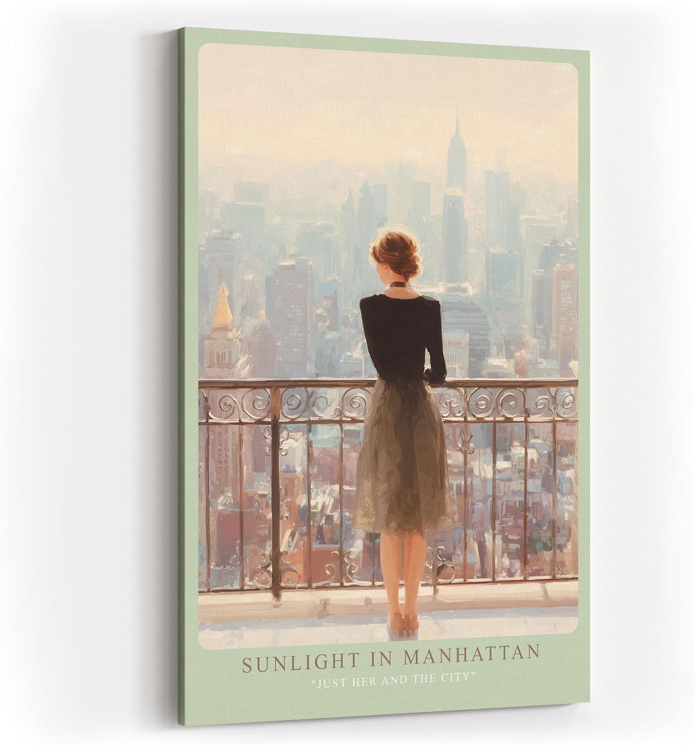Paul Sinus Wandbild in 40x60cm Sunlight in Manhattan – Frau auf Balkon mit Blick auf Empire State Building, sonnendurchflutetes Stadtmotiv