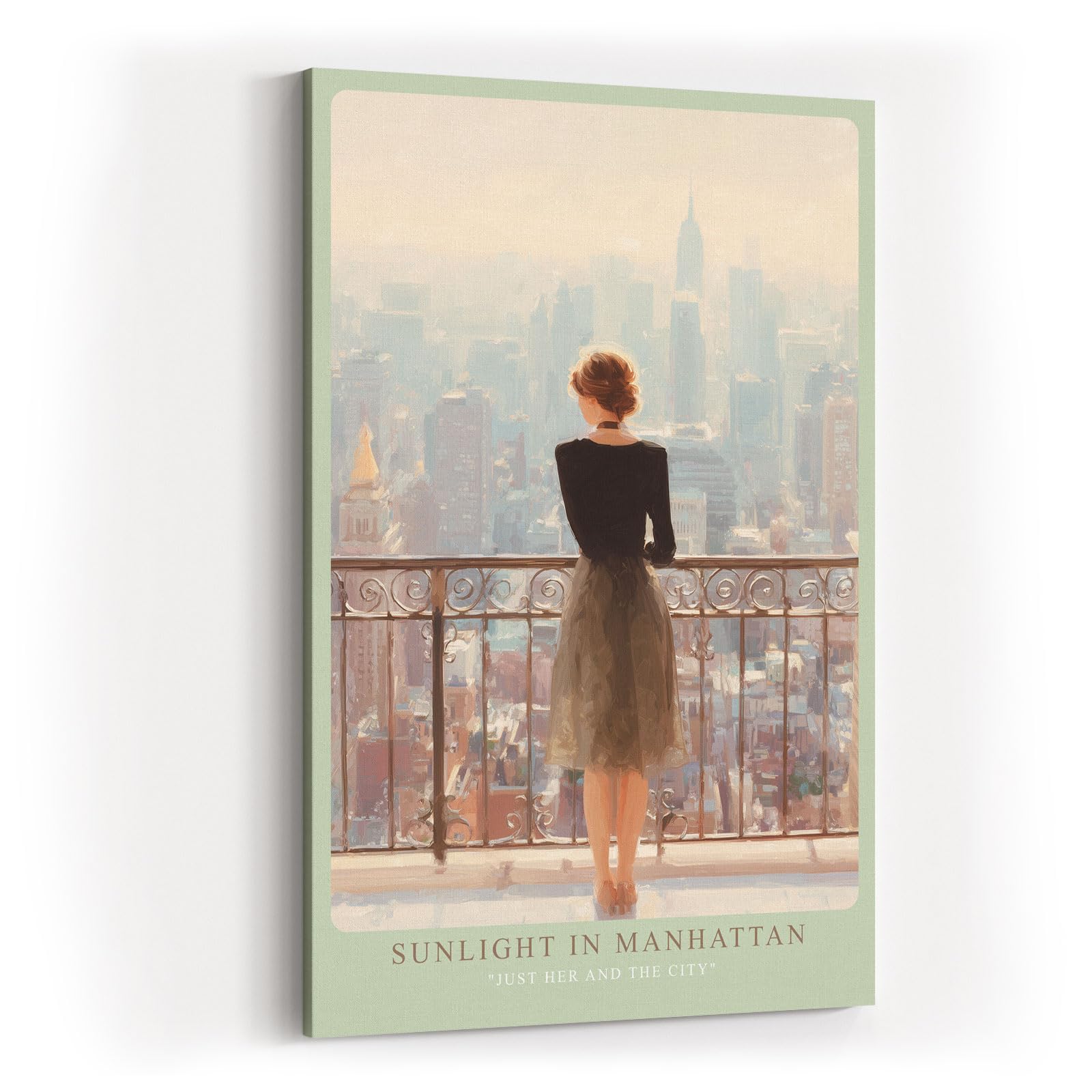 Paul Sinus Wandbild in 40x60cm Sunlight in Manhattan – Frau auf Balkon mit Blick auf Empire State Building, sonnendurchflutetes Stadtmotiv