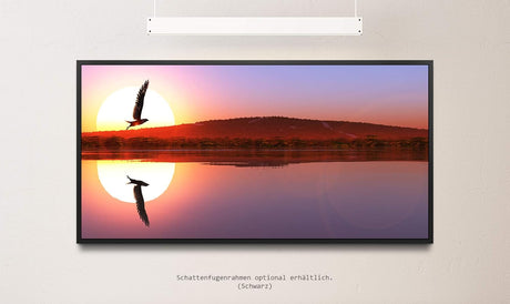 Adler in einer Seen Landschaft ca. 130x70cm Wandbild inklusive Schattenfugenrahmen schwarz - Panorama Leinwand Bild XXL Format Wandbilder Wohnzimmer Wohnung Deko Kunstdrucke