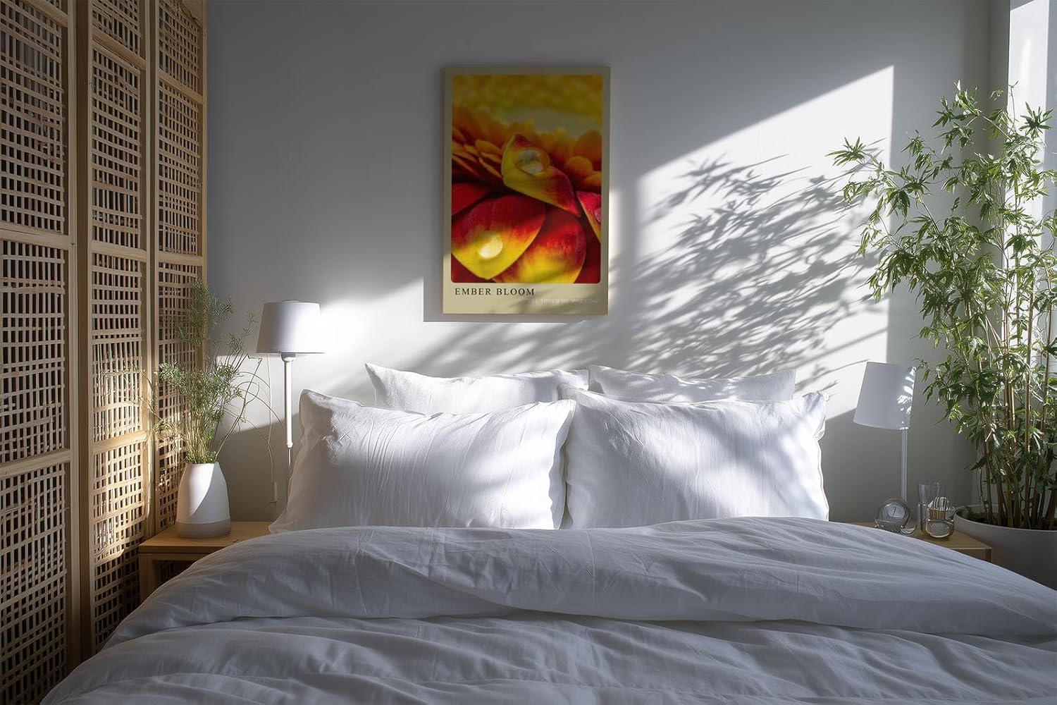 Paul Sinus Kunstdruck 40x60cm Ember Bloom – leuchtend rote und gelbe Blütenblätter mit Tautropfen in Nahaufnahme